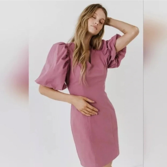 Anthropologie Endless Rose Puff Sleeve Mini Dress Mauve XS Dance Vaca cruise - Picture 2 of 13